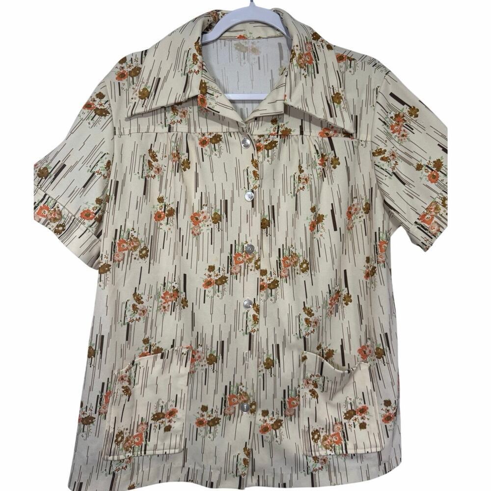 Vintage 70s Womens Blouse Cream Floral Mod Collar Cottagecore Medium Grannycore